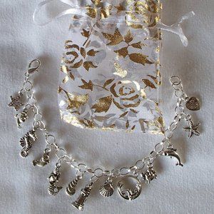 Ocean Fantasy Beach Theme Charm Bracelet Handcrafted + Organza Roses Gift Bag